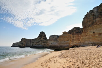Sea stacks and islets-west end Praia da Marinha Beach. Lagoa-Portugal-200