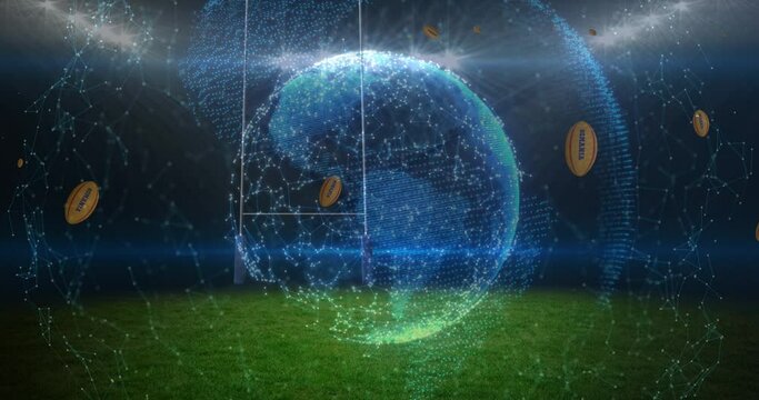 Romania print on rugby balls falling over globe of network of connections against sports stadium