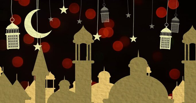 Moon, stars and lamps hanging against multiple mosque icons and red spots with copy space