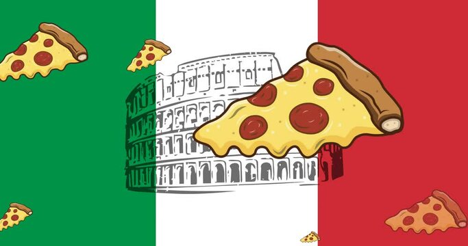 Multiple pizza slice icons over colosseum against italy flag in background