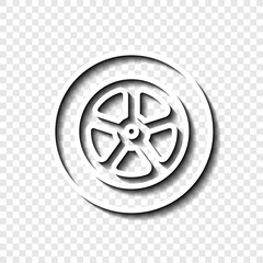 Obraz premium Car wheel simple icon. Flat desing. White with shadow on transparent grid.ai
