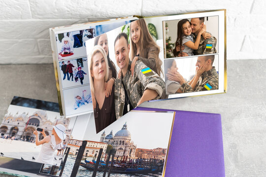 Banner Photobook Album with Travel Photo on Wooden Table background