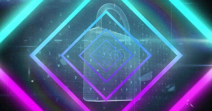 Animation of blue and pink neon geometrical shapes over security padlock