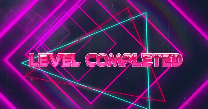 Animation of pink neon geometrical shapes over level completed text