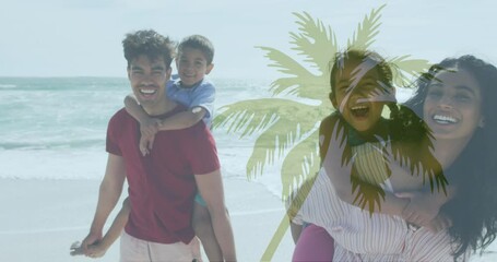 Animation of palm tree over happy biracial family on the beach - Powered by Adobe