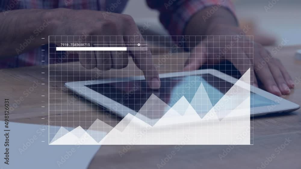 Poster animation of financial data processing over businessmen using tablet