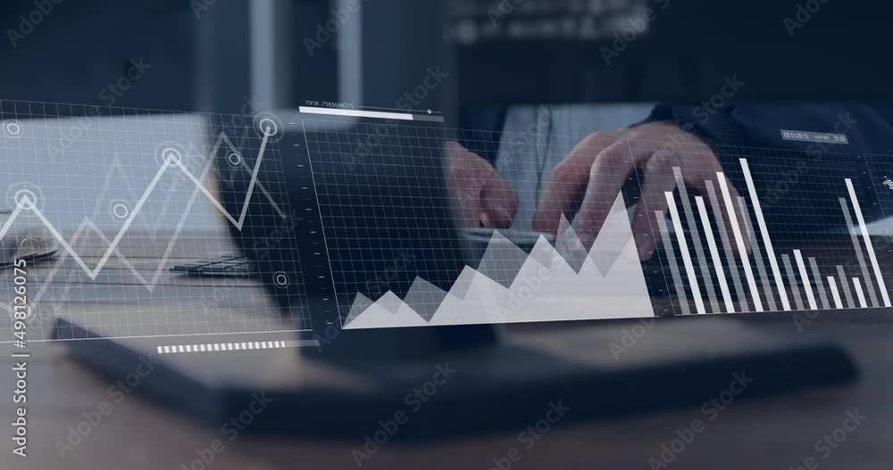 Poster animation of financial data processing over businessmen using computer