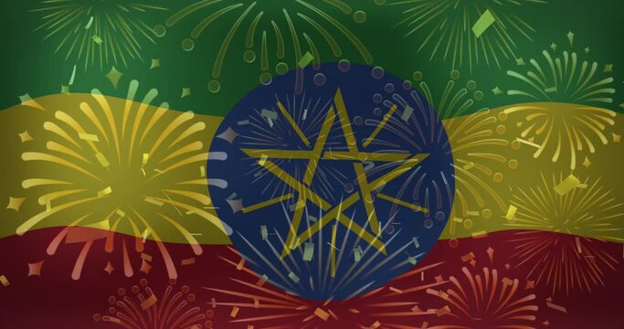 Animation of fireworks over flag of ethiopia
