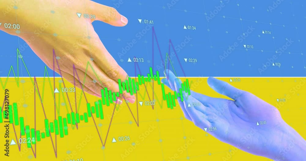 Poster animation of data processing over hands and flag of ukraine