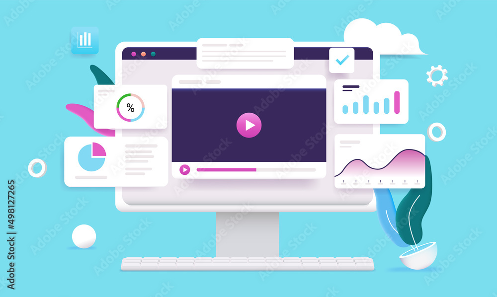Poster Video channel analytics - Desktop computer with video player results and data in semi flat design vector illustration