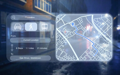 fictitious map app with navigation of a route for pedestrian and map view, in the background street of a city at night, augmented reality, technology