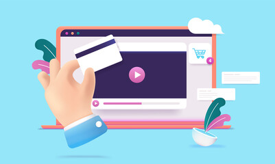 Video shop online - Hand with credit card buying videos subscription on computer with internet. Semi flat design vector illustration
