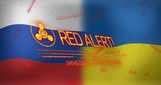 Animation of red alert text and symbol over flags of russia and ukraine