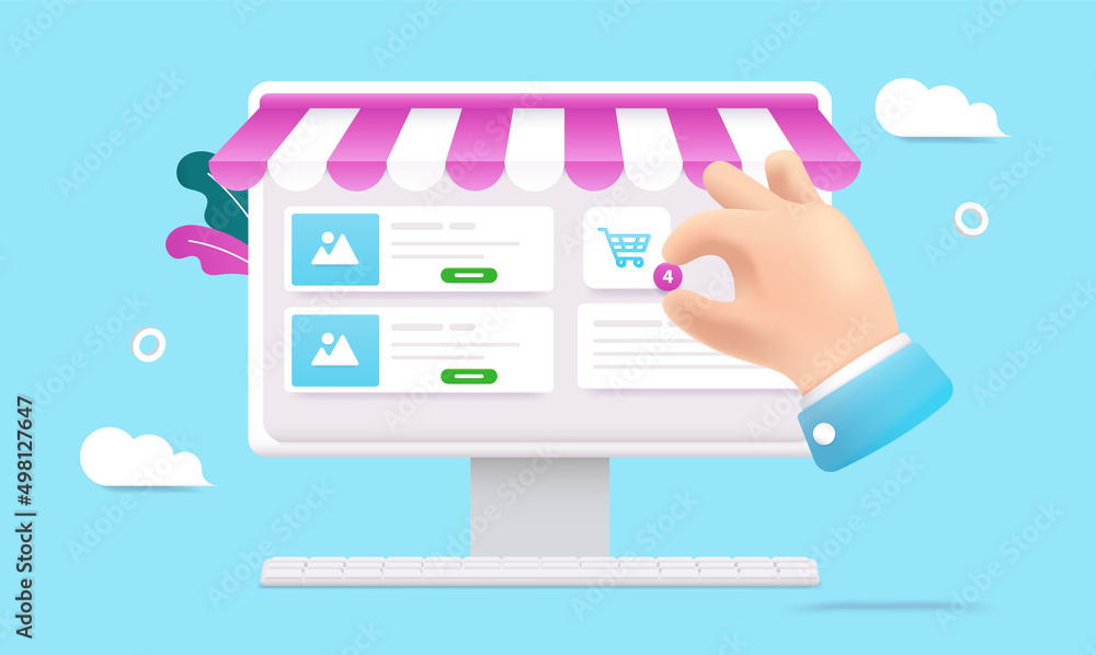 Aufkleber Web shop on desktop computer - Hand shopping on internet with items in basket. E-commerce concept vector illustration