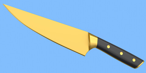 Chef's kitchen knife with a wooden handle isolated on blue background.