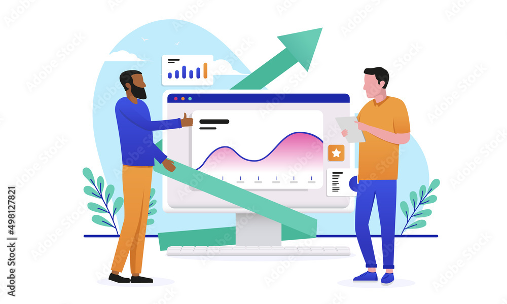 Poster happy with data results - casual businesspeople looking at positive analytics performance chart and 