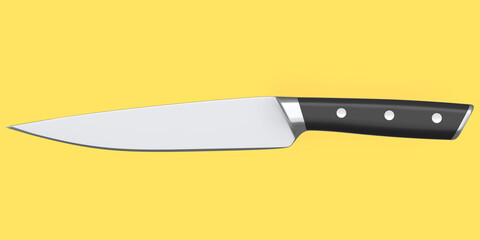 Chef's kitchen knife with a wooden handle isolated on yellow background.
