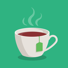 White cup of hot soaring tea. Teacup with teabag icon vector illustration