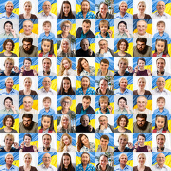 Portraits of many aged people against flag of Ukraine