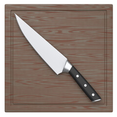 Chef's kitchen knife on a wooden board isolated on white background.