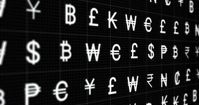 Animation of rows of currency signs moving on black background