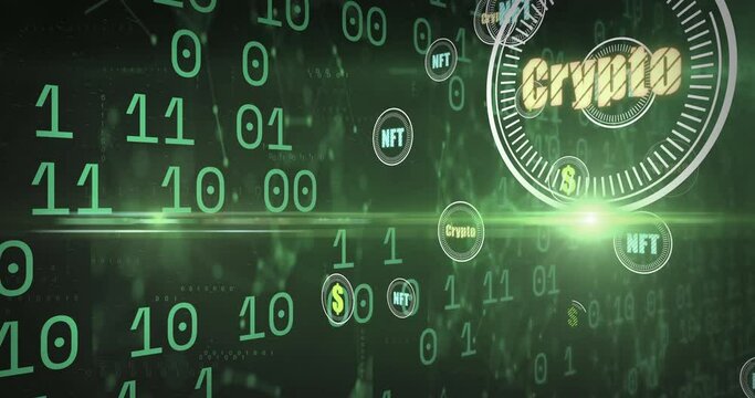 Animation of rows of binary coding, currency and cryptocurrency symbols moving on green background