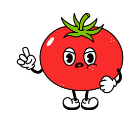 Cute angry sad tomato character. Vector hand drawn traditional cartoon vintage, retro, kawaii character illustration icon. Isolated on white background. Angry tomato character concept