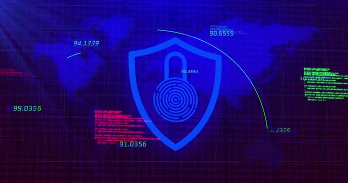 Animation of digital shield with padlock over blue background with world map