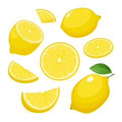 Lemon sign set. Whole, half, slice of lemon. Vector icon illustration isolated on white background