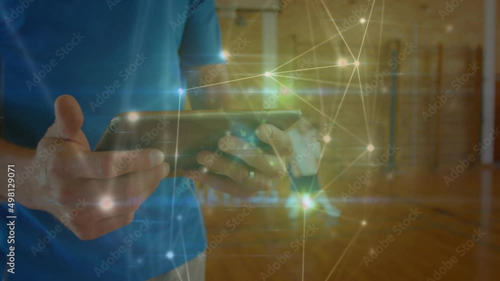Poster animation of data and connections over hands of caucasian man using tablet