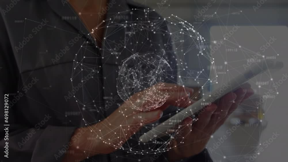 Poster animation of globe and connections over hands of caucasian man using tablet