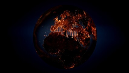 Abstract Europe and Africa earth world map sphere with glowing light bulb illuminated night cities. Concept 3D illustration for global electric power consumption, renewable energy and fossil resources
