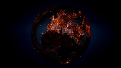 Abstract Europe and Africa earth world map sphere with glowing light bulb illuminated night cities. Concept 3D illustration for global electric power consumption, renewable energy and fossil resources