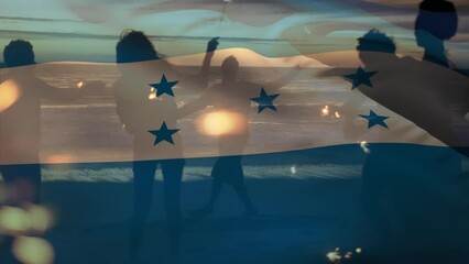 Animation of waving of honduras flag over group of friends on the beach - Powered by Adobe