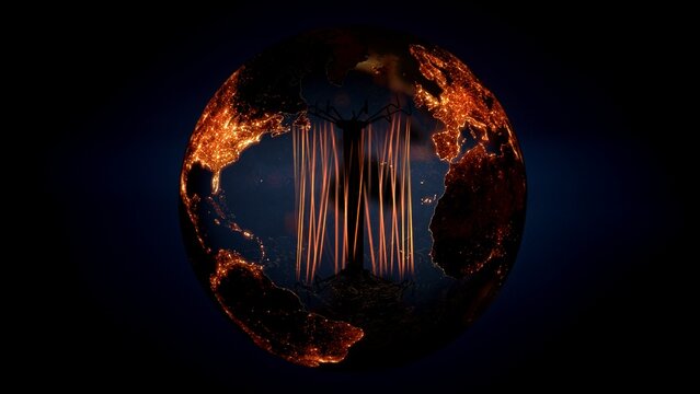 Abstract earth world map sphere with glowing light bulb illuminated night cities. Concept 3D illustration for global electric power consumption. Globalization of renewable energy and fossil resources.