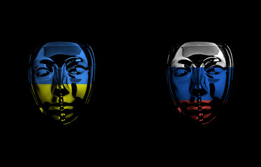 Transparent plastic masks against the background of the Ukrainian and Russian flag background. Conflict between Russia and Ukraine war concept. 