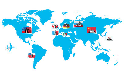 Landmark and national flag map of the world vector illustration