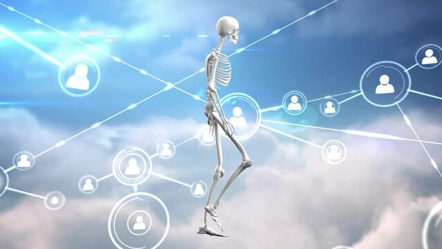 Animation of network of connections and icons over human skeleton model
