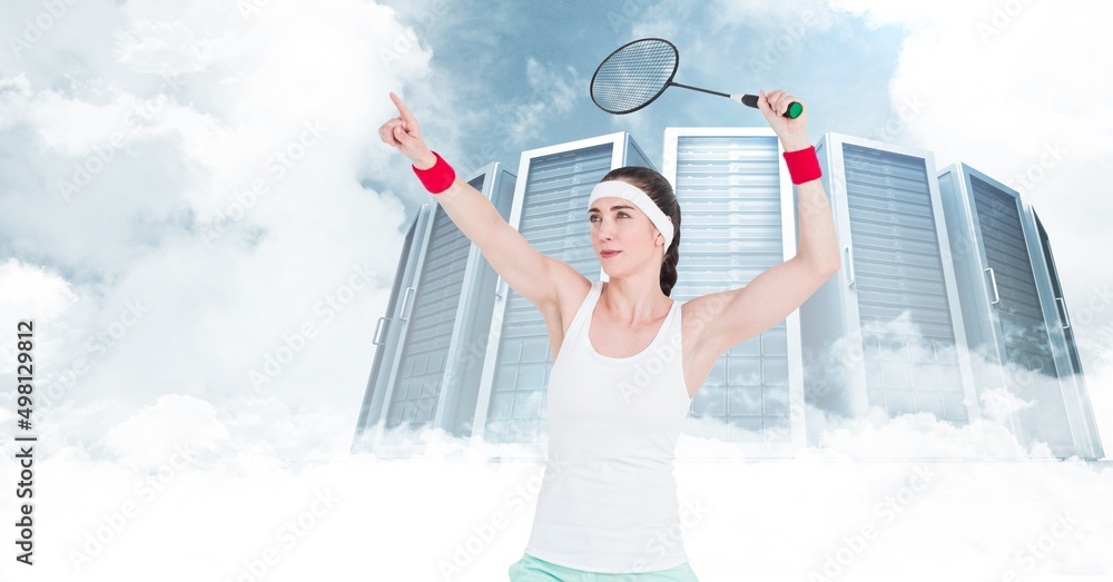 Poster caucasian female badminton player with a racket against computer servers and clouds