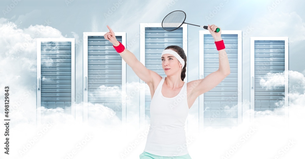 Poster caucasian female badminton player with a racket against computer servers and clouds