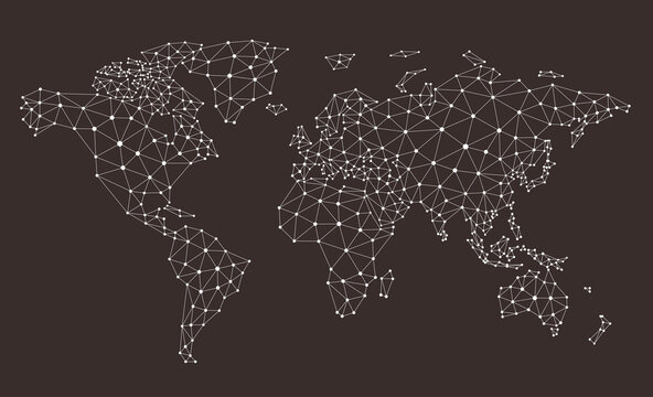 Polygonal map. Digital globe earth, Polygons maps, World wide internet network mesh, 3d grid vector illustration