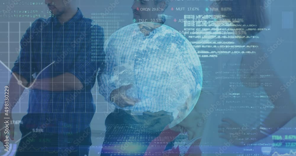 Poster animation of financial data processing and globe over diverse business people in office