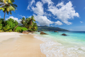 Paradise sunny tropical beach in Seychelles - 498130289