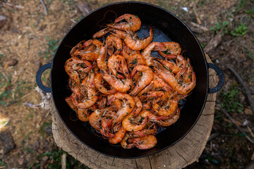 crispy fresh shrimp cooked on a frying pan in the wild. Rest in nature with fresh food
