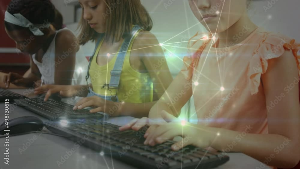 Poster animation of network of connections over diverse schoolchildren using computers