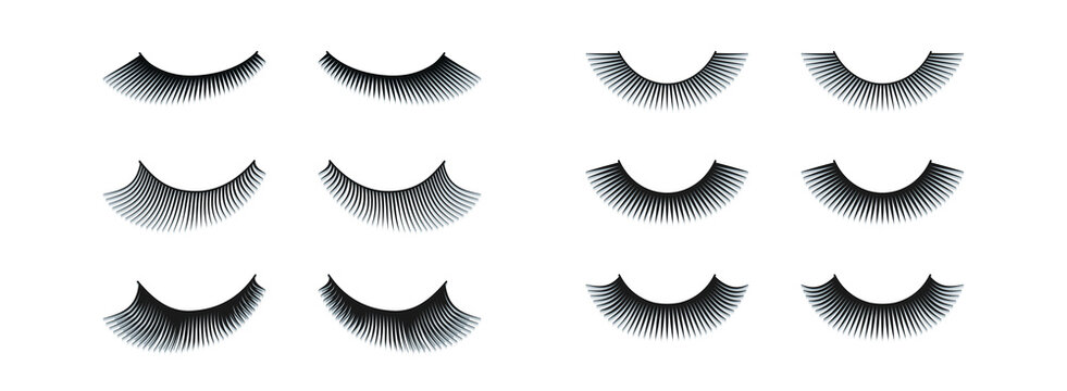 Eylashes collection vector Illustration. False lashes of different length, volume and shape. Makeup items for lashmaking cards, training posters, beauty salon wallpaper. isolated on a white background