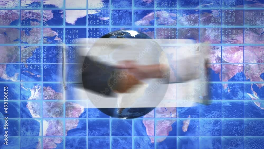Poster animation of data processing and digital screens over blue background