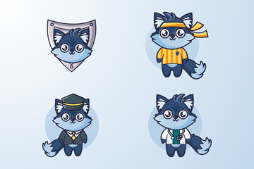 Set of Cute Blue Wolf Animal Cartoon Character