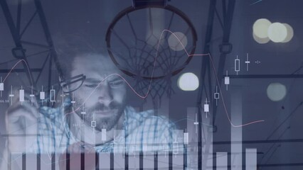 Animation of data processing and caucasian businessman over male basketball player at gym - Powered by Adobe