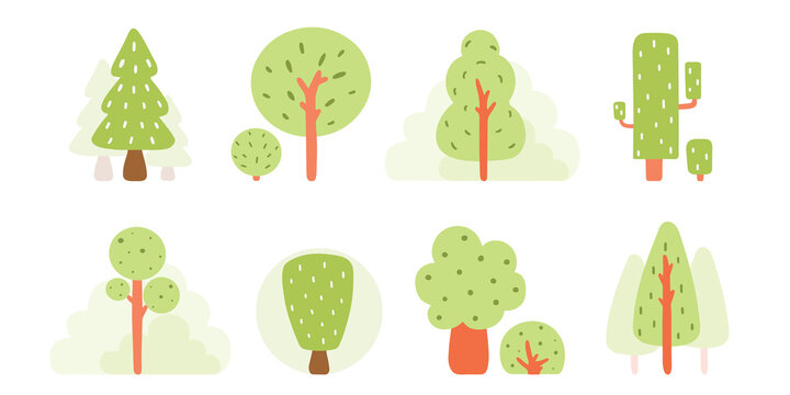 Hand drawn trees and bushes set. Flat forest tree nature plant isolated eco foliage. Cute forest vector illustration